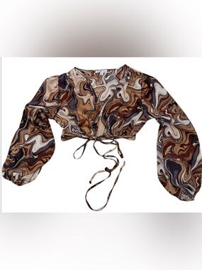 Rabbit Rose Brown Swirl Boho Crop Wrap Top S 70s Retro ☮️